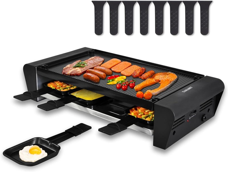 Tamarit Raclette Table Grill for 8, 2 in 1 Small Swiss Style PFAS-No Nonstick Reversible Grill/Griddle Plate Adjustable Temperature Control 1300 W, 8 Raclette Cheese Pans Black - Image 1